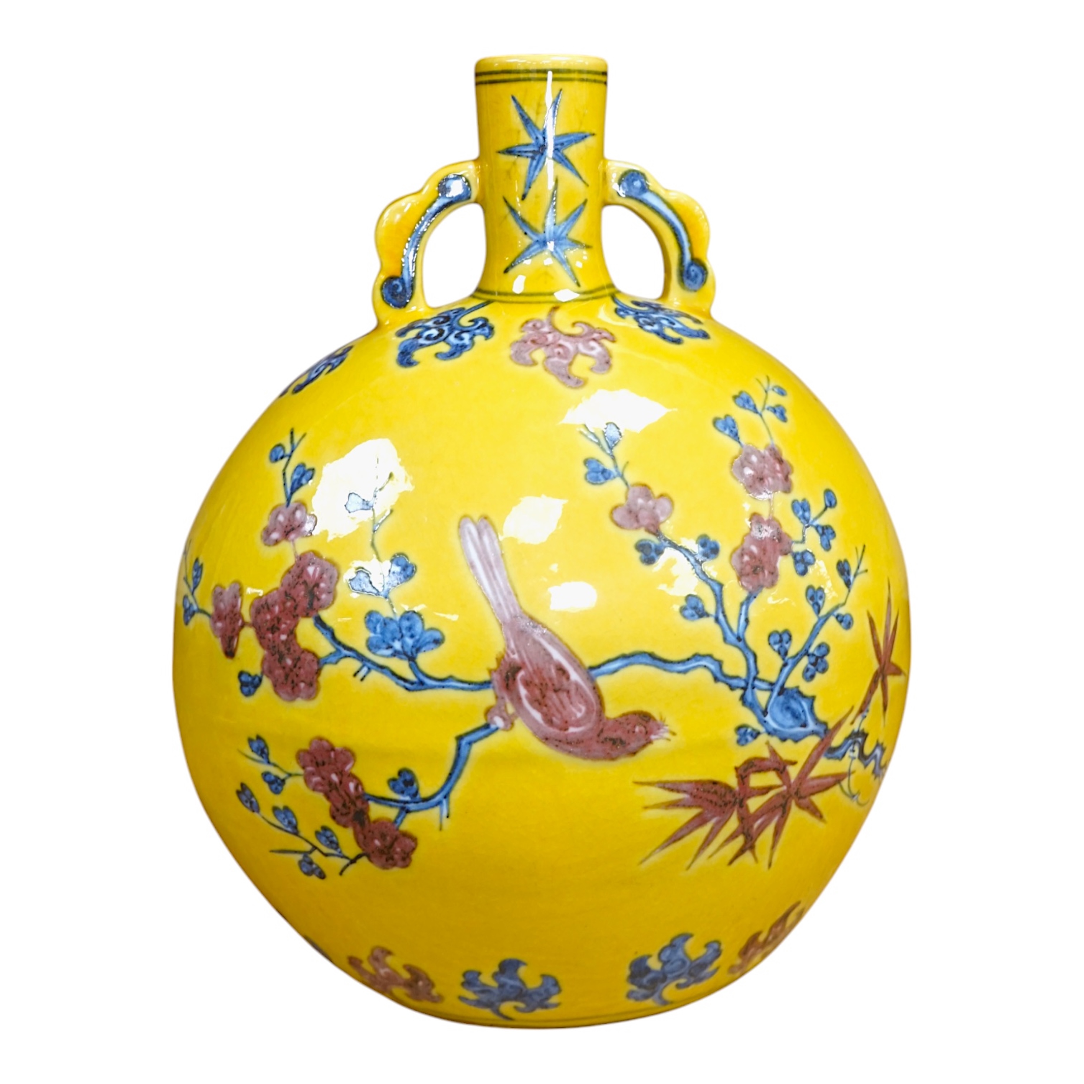 A Chinese yellow ground moonflask, 27cm. Condition - good